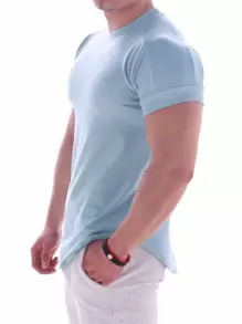 Manfinity Sport PWRUP Boyfriend Style Men Solid Crew Neck Sports Tee  Workout Tops , Training , Graphic , Compression , Plain Workout Tops Gym Top Breathable - Baby Blue - View 4