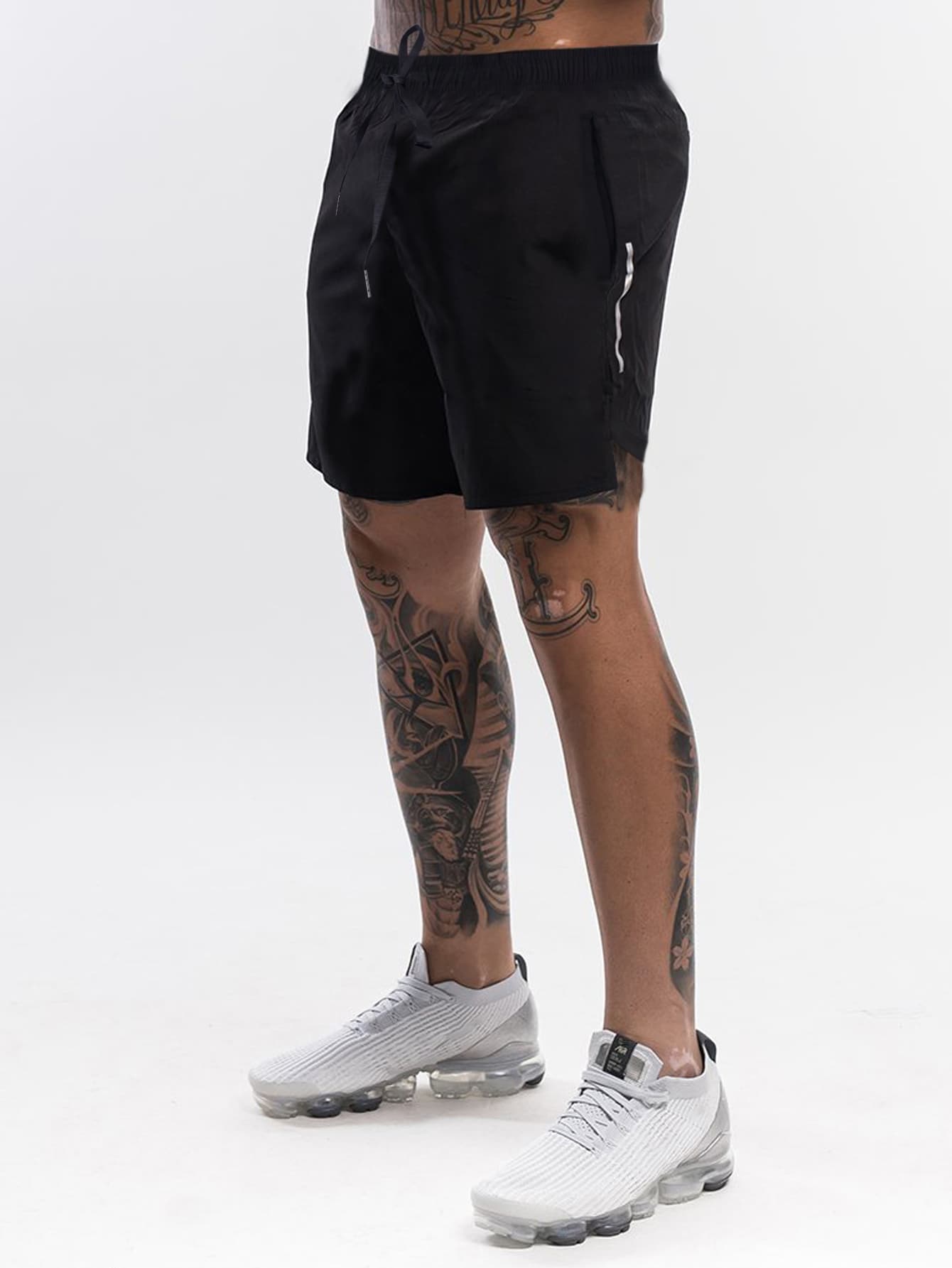 Hombres Shorts deportivos bajo con abertura de cintura con cordón - Negro - Ver 1