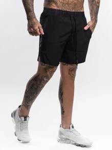 Hombres Shorts deportivos bajo con abertura de cintura con cordón - Negro - Ver 3