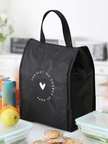 1pc Heart & Slogan Graphic Lunch Bag - Black - View 8