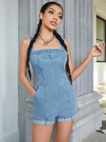 Roll Hem Denim Dungaree Romper - Light Wash - View 5