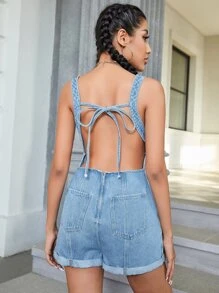 Roll Hem Denim Dungaree Romper - Light Wash - View 2
