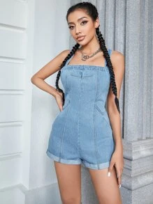Roll Hem Denim Dungaree Romper - Light Wash - View 3