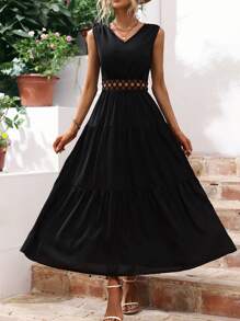 Breezaya Guipure Lace Insert Layered Hem Dress - Black - View 1