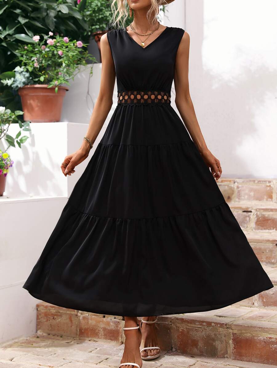 Breezaya Guipure Lace Insert Layered Hem Dress - Black - View 1