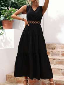 Breezaya Guipure Lace Insert Layered Hem Dress - Black - View 4