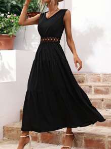 Breezaya Guipure Lace Insert Layered Hem Dress - Black - View 5