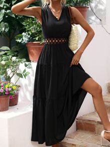 Breezaya Guipure Lace Insert Layered Hem Dress - Black - View 6