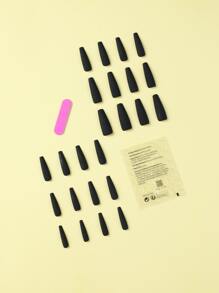 用24入組長形黑色純色假指甲、1入組指甲銼、1張膠帶，打造迷人美甲，適用於女性、女孩子、不用打釘按壓式假指甲產品 - 黑色 - 查看 2