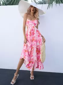 Aveloria Rosie Bloemenprint Cut-Out Taille Split Dij Cami Jurk Vakantie Outfits Vrouw