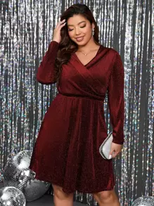 Calvaya Plus Surplice Neck Glitter Dress - Rust Brown - View 1