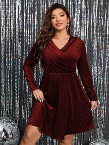 Calvaya Plus Surplice Neck Glitter Dress - Rust Brown - View 4