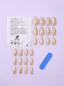 VV MEI JIA ER 使用24入組長杏仁金色亮片閃光假指甲和1入組指甲銼和1張膠帶立即升級您造型 - 彩色 - 查看 2