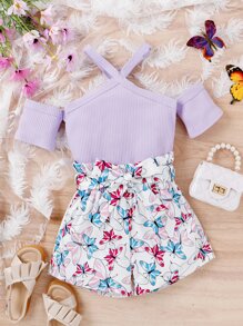 女孩挖肩T恤和蝴蝶圖案紙袋腰短褲 - 彩色 - 查看 1