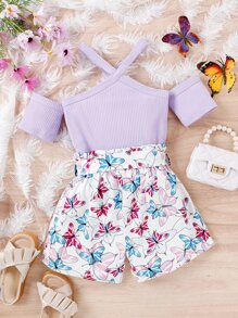 女孩挖肩T恤和蝴蝶圖案紙袋腰短褲 - 彩色 - 查看 2