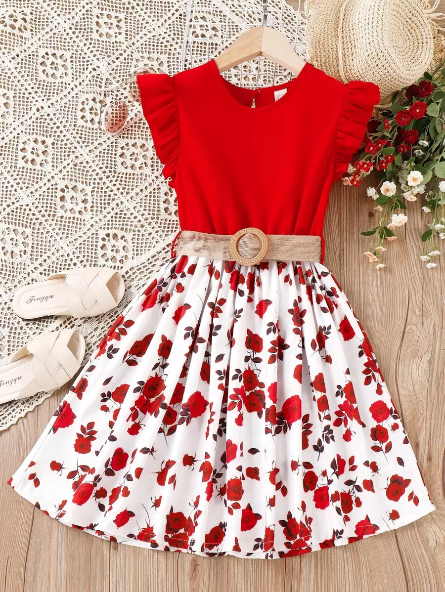 女孩印花荷葉邊連衣裙 - 紅白色 - 查看 1