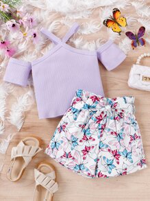 女孩挖肩T恤和蝴蝶圖案紙袋腰短褲 - 彩色 - 查看 3