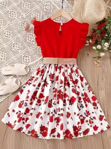 女孩印花荷葉邊連衣裙 - 紅白色 - 查看 2