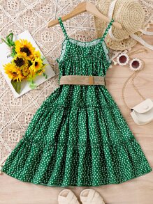 Chicas Vestido de tirantes con estampado floral bajo con fruncido - Verde - Ver 2