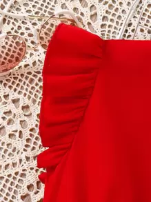 女孩印花荷葉邊連衣裙 - 紅白色 - 查看 6