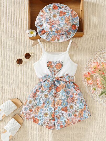 SHEIN Vintaside Kids Young Girl Floral & Heart Print Belted Cami Romper & Hat