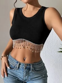 Zolique Rhinestone Fringe Trim Crop Tank Top - Black - View 1