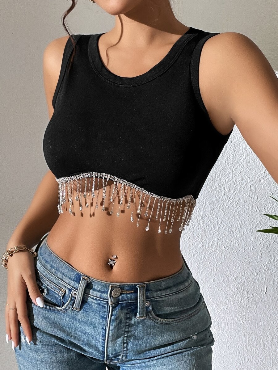 Zolique Rhinestone Fringe Trim Crop Tank Top - Black - View 1