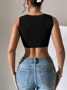 Zolique Rhinestone Fringe Trim Crop Tank Top - Black - View 2