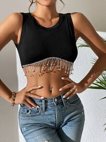 Zolique Rhinestone Fringe Trim Crop Tank Top - Black - View 4