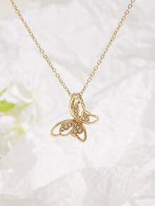 Rhinestone Decor Butterfly Charm Necklace - Yellow Gold - View 2