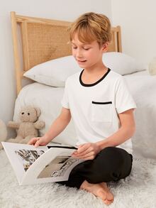 Boys Pocket Patched PJ Set - Black and White - View 5