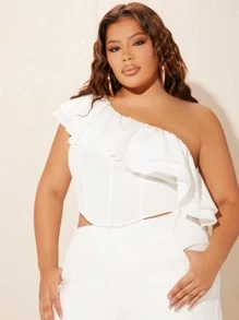 SHEIN SXY Plus One Shoulder Ruffle Trim Asymmetrical Hem Crop Top - White - View 4