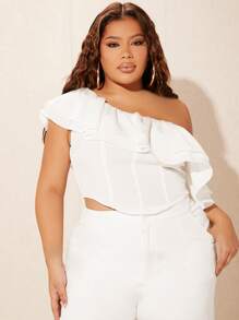 SHEIN SXY Plus One Shoulder Ruffle Trim Asymmetrical Hem Crop Top - White - View 2
