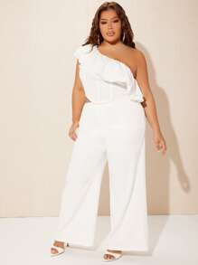 SHEIN SXY Plus One Shoulder Ruffle Trim Asymmetrical Hem Crop Top - White - View 5