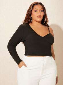 SHEIN SXY Plus Asymmetrical Neck Crop Tee - Black - View 4