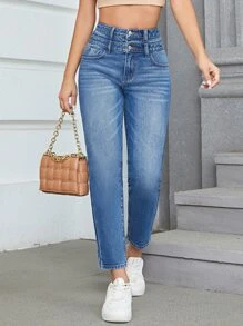 High Waist Mom Fit Jeans - Medium Wash - View 1