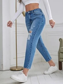 Jeans ajustados mom desgarro - Azul lavado medio - Ver 4