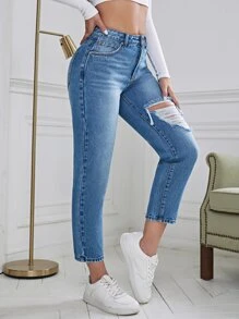 Jeans ajustados mom desgarro - Azul lavado medio - Ver 5