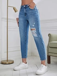 Jeans ajustados mom desgarro - Azul lavado medio - Ver 6