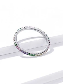 1入組薄彩色方晶鋯石極簡戒指適合女士純銀白色精細首飾類日常穿著禮物 - 銀色 - 查看 5