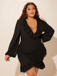 SHEIN SXY Plus Ruffle Trim Tulip Hem Bodycon Dress - Black - View 4