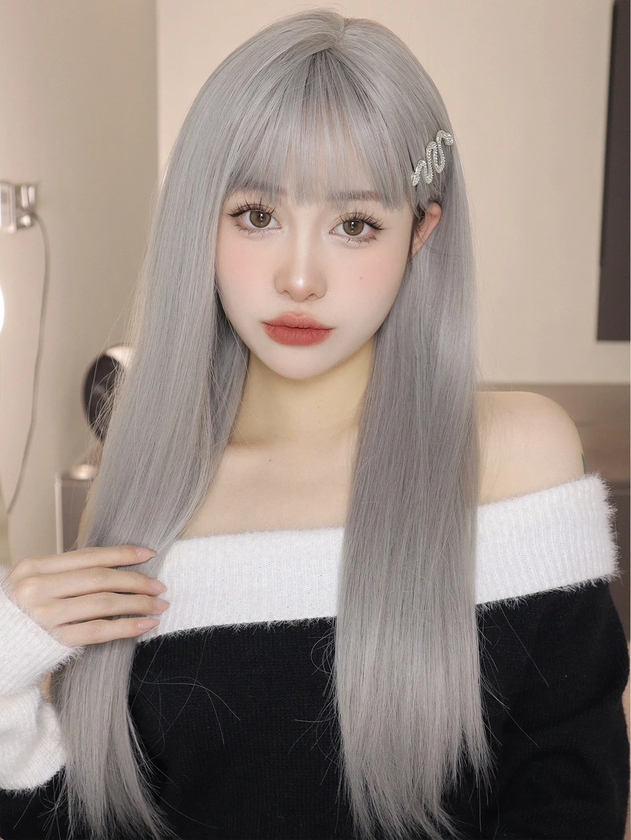 長款直筒人造假髮帶劉海 - 灰色 - 查看 1