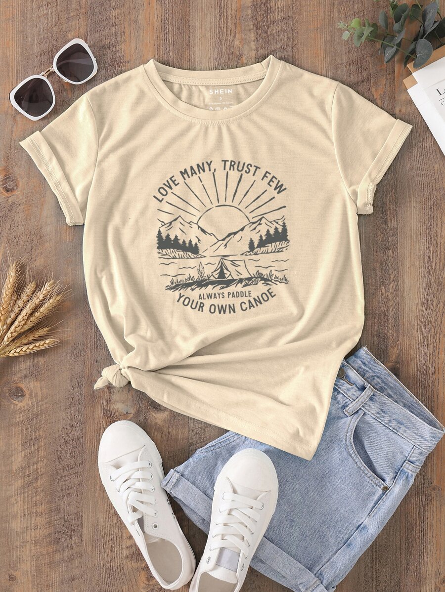 SHEIN LUNE Mountain & Letter Graphic Tee - Apricot - View 1