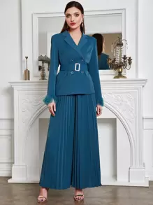 Modelyn Fuzzy Cuff Belted Blazer & Pleated Trousers - Teal Blue - View 1
