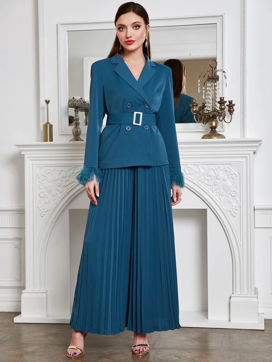 Modelyn Fuzzy Cuff Belted Blazer & Pleated Trousers - Teal Blue - View 1