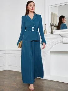 Modelyn Fuzzy Cuff Belted Blazer & Pleated Trousers - Teal Blue - View 3