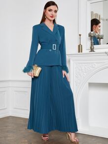 Modelyn Fuzzy Cuff Belted Blazer & Pleated Trousers - Teal Blue - View 4
