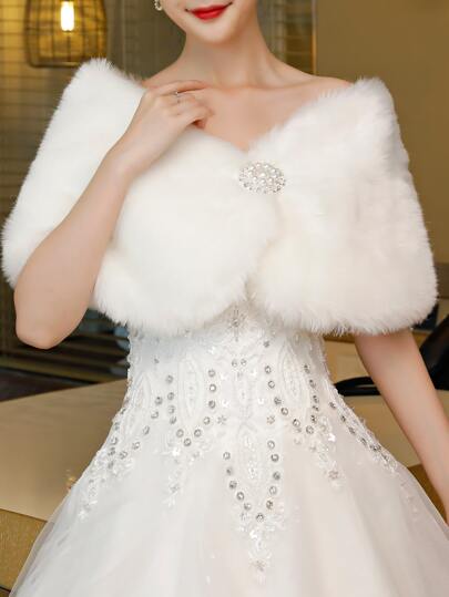 1pc Versatile Long Faux Mink Fur Warm Shawl, Women's Winter White Cape, Thick Warm Wedding Shawl, Bridal Gowns Cloak, Embellished With Belt & Rhinestone Fall Clothes For Women