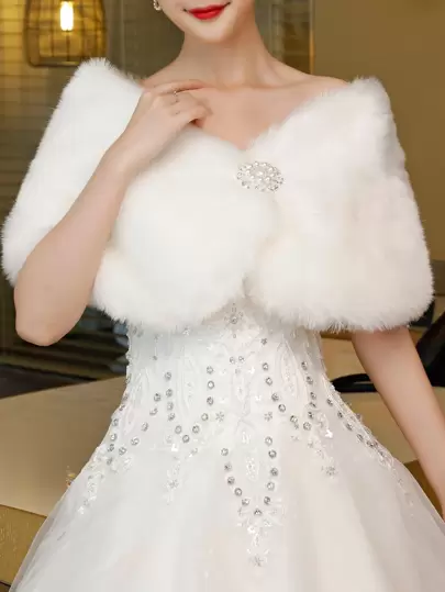 1pc Versatile Long Faux Mink Fur Warm Shawl, Women's Winter White Cape, Thick Warm Wedding Shawl, Bridal Gowns Cloak, Embellished With Belt & Rhinestone Fall Clothes For Women