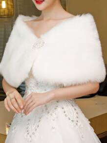 1 件多功能长款仿貂皮草保暖披肩，女士冬季白色斗篷，厚实保暖婚礼披肩，新娘礼服斗篷，饰有腰带和水钻，女士秋装 - 米色 - 查看 3